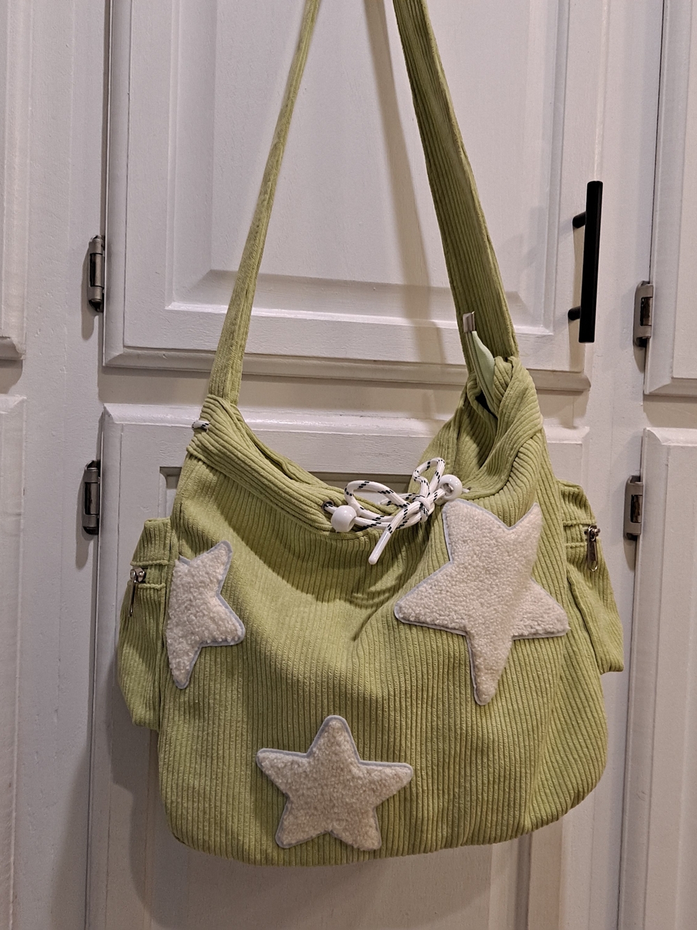 STAR Applique' Textured Casual Green Corduroy Shoulder Bag Slouchy Messenger